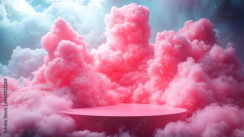 Poster render abstract pink fantasy backgroun small clouds floating above the cubic pedestal box podium sho