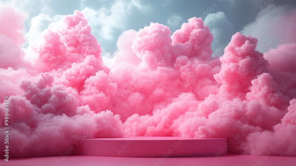 Poster render abstract pink fantasy backgroun small clouds floating above the cubic pedestal box podium sho