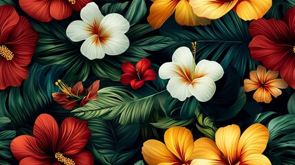 Fototapeta premium Tropical Floral Pattern with Red, White, and Yellow Flowers