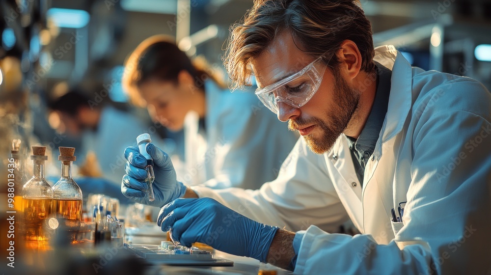 Poster scientist conducting experiments in a laboratory setting.