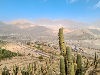 Highway crossing cactus and mountains in Argentina during dust storm