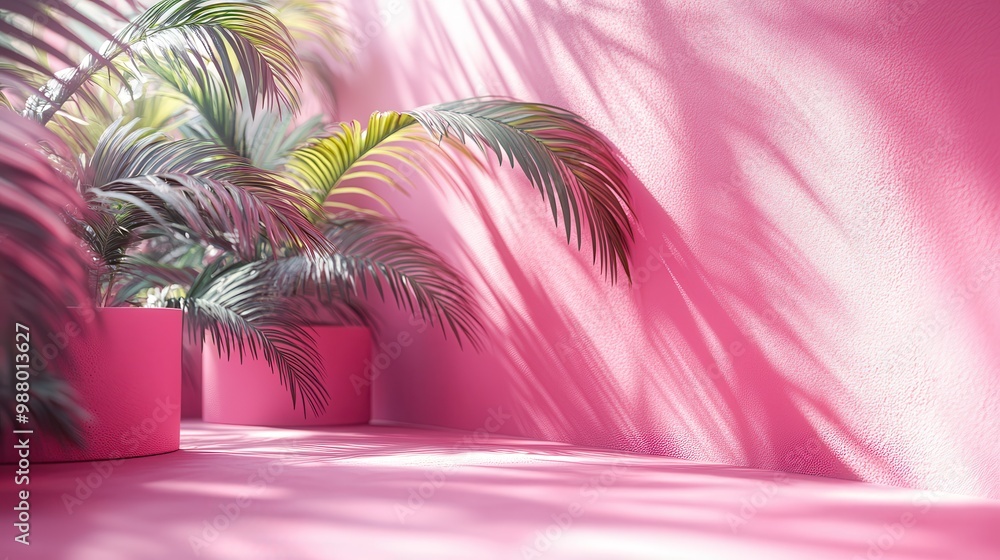 Poster render abstract soft palm leaves shadows over pink backgroun with copy space for product displaying 