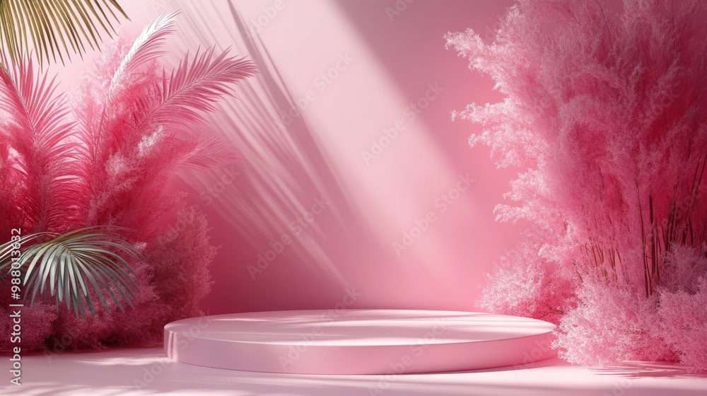 Poster render abstract soft palm leaves shadows over pink backgroun with copy space for product displaying 
