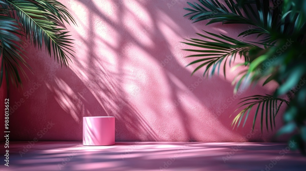 Aufkleber render abstract soft palm leaves shadows over pink backgroun with copy space for product displaying 