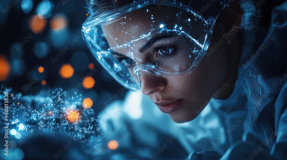 Poster a focused scientist in protective gear analyzing data visually.
