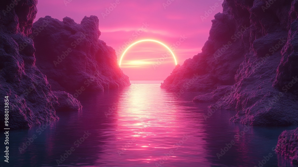 Aufkleber render abstract ultraviolet backgroun with cobblestones black rocks an neon glowing arch liqui floor