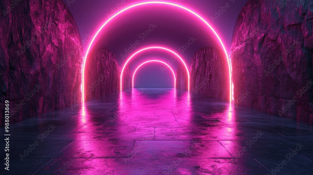 Aufkleber render abstract ultraviolet backgroun with cobblestones black rocks an neon glowing arch liqui floor