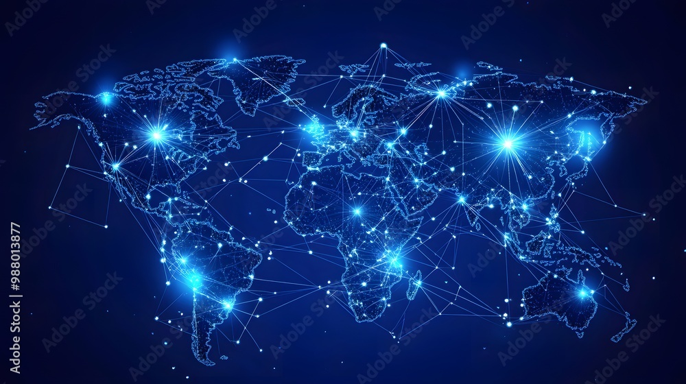 Poster a polygonal world map with glowing lines and nodes connecting continents