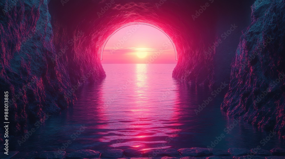 Poster render abstract ultraviolet backgroun with cobblestones black rocks an neon glowing arch liqui floor