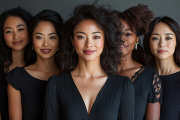 Obraz premium A group of women in black dresses are smiling for the camera