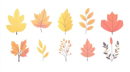 Delicate Autumn Leaves Collection - Simple Flat Vector Illustration with Pastel Palette on Transparent Background