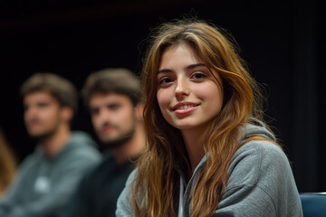 Obraz premium A woman with long brown hair is smiling at the camera