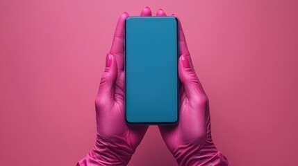 render blue hands hol pink smart phone digital device in horizontal position electronic gadget blank mockup isolate on colorful backgroun mobile gaming technology
