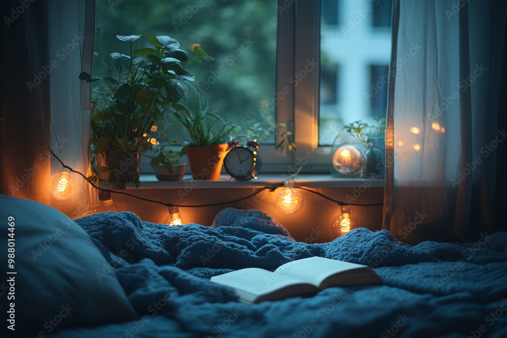 Poster a bed with a book and a clock on a window sill