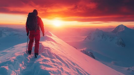Obraz premium A climber on a snowy peak at sunset, capturing adventure and beauty.