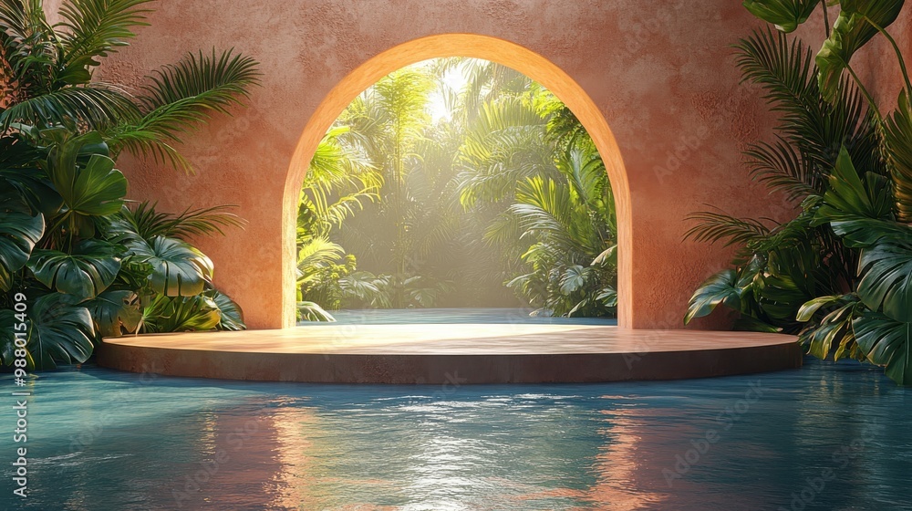 Poster render modern backgroun with tropical leaves empty rock podium cobblestones golden arch an reflectio