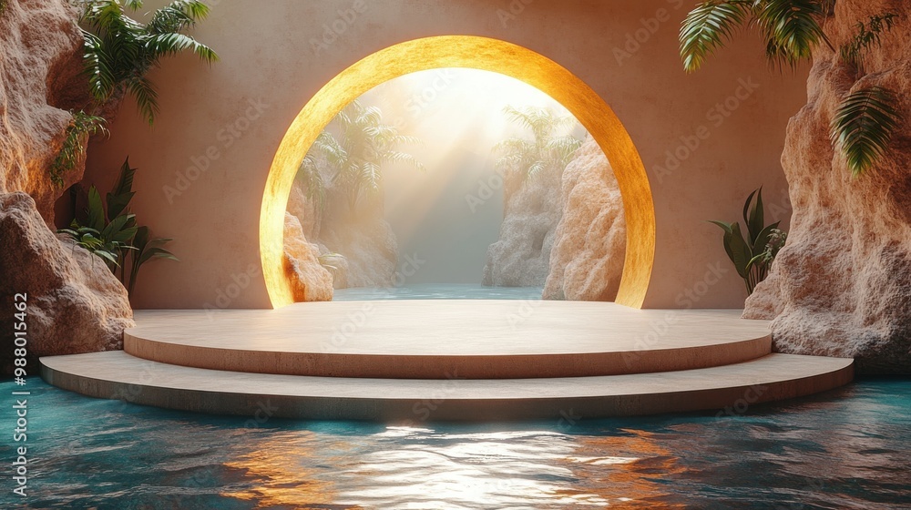 Poster render modern backgroun with tropical leaves empty rock podium cobblestones golden arch an reflectio