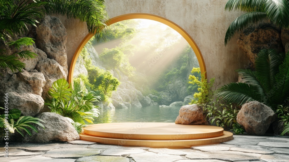 Aufkleber render modern backgroun with tropical leaves empty rock podium cobblestones golden arch an reflectio