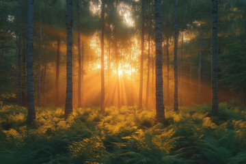 Obraz premium sunrise in the forest, morning in the forest