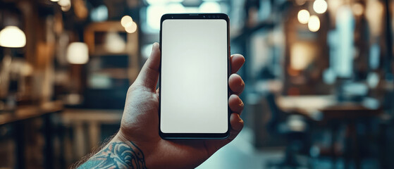 A person holding a cell phone with a white screen. Concept of emptiness and loneliness, as the phone is the only object in the scene