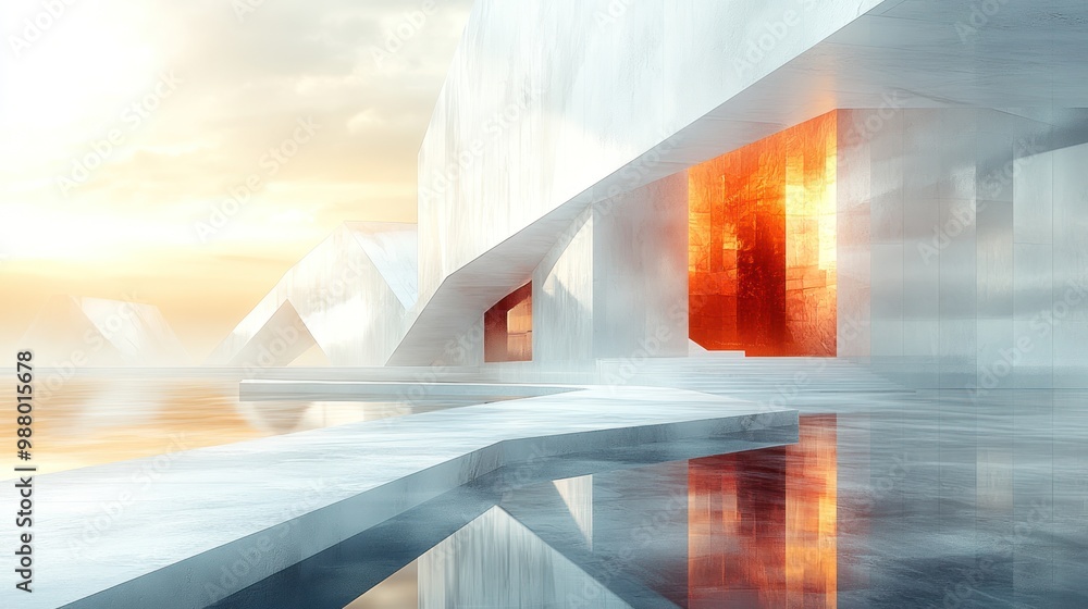 Poster futuristic architecture with reflective surfaces and glowing elements.