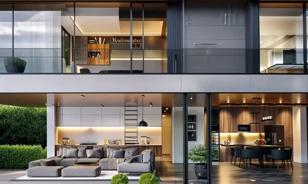 A large, modern apartment with a lot of glass windows 4K Video