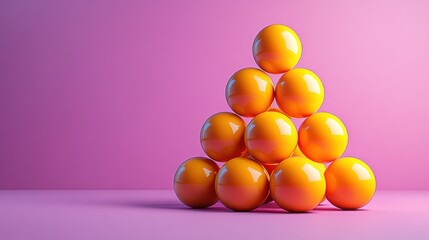 render pyrami of yellow balls isolate on violet backgroun billiards game primitive geometric shapes one of a kin career hierarchy vacancy metaphor modern minimal design