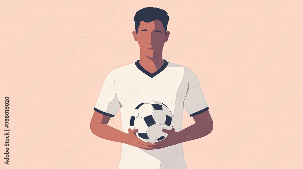 Poster a simple 2d flat vector illustration of a football player cradling a ball with both hands, using bas