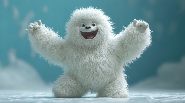 render white hairy yeti coquette dancing furry bigfoot cartoon character funny monster isolate on mint blue backgroun active pose