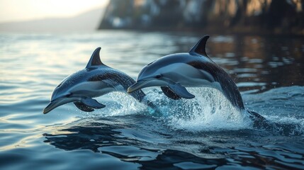 Fototapeta premium Two dolphins leaping above the water's surface in a serene setting.
