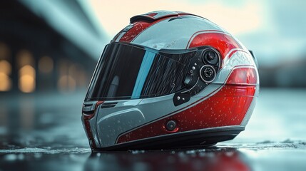 Obraz premium A close-up of a red and silver racing helmet with water droplets.