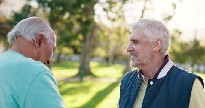High five, support and senior friends in park together for bonding, greeting or retirement. Conversation, smile and success with excited elderly men in garden or nature for motivation or wellness