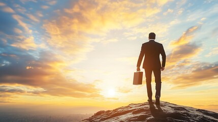 Fototapeta premium The Path to Success: Lone Visionary Confronting a Skyline of Endless Possibilities 成功への道: 無限の可能性を秘めたスカイラインに立ち向かう孤高の先見者.Generative AI