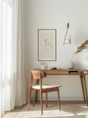 Minimalist home office interior with wooden desk, chair, stylish lamp and decor in white room. Aesthetic workspace. Copy space.