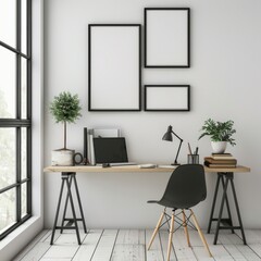 Modern minimalist home office interior with desk workspace. Scandinavian style room with frame mockup on white wall and wood floor. 3D rendering illustration.