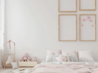 Cozy and bright bedroom interior with empty frames on the wall, comfortable bed and kids toys. Stylish and modern Scandinavian design.