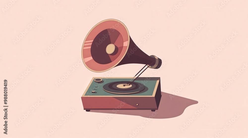 Poster a simple 2d flat vector illustration of a gramophone, using basic shapes and minimal detail, placed 
