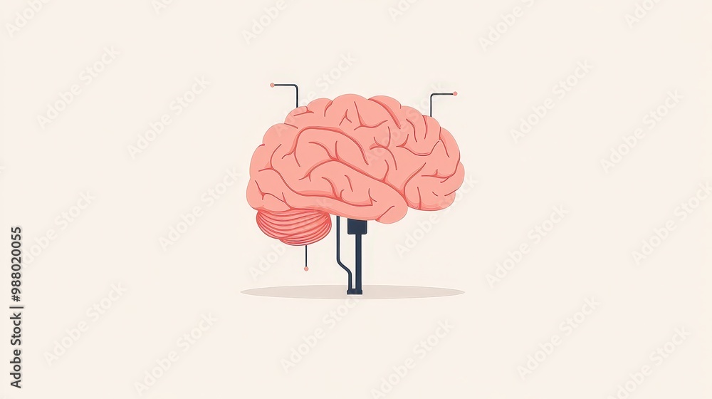 Poster a simple 2d flat vector illustration of a brain with cables, using basic shapes and minimal detail, 