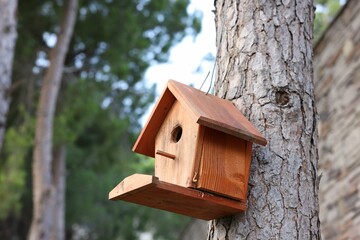 Beautiful wooden birdhouse hanging on tree trunk in park