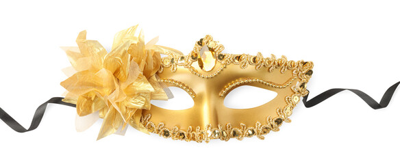 Beautiful golden carnival mask isolated on white, top view