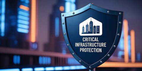 Shield with 'critical infrastructure protection' text in futuristic city, symbolizing cybersecurity and urban safety (20)