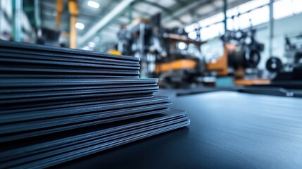 A close-up of stacked black rubber sheets in a manufacturing facility, showcasing precision cutting and industrial production processes.