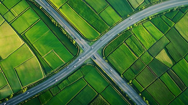 A stunning aerial view of a highway intersection surrounded by lush, green agricultural fields, showcasing rural landscapes and modern infrastructure.