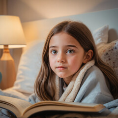 Niña en su cama con un libro en sus manos mirada pensativa  en la medianoche antes de ir a dormir
