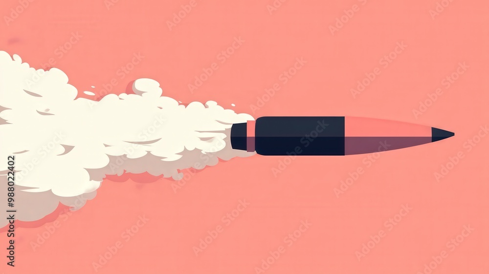 Poster a simple 2d flat vector illustration of a bullet in motion with a smoke trail, using basic shapes an