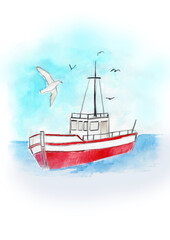 Fishing boat in blue sea with seagulls 