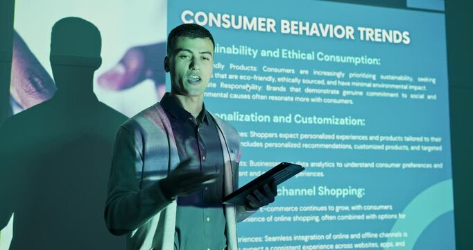 Speaker, projector or businessman in speech presentation for consumer behavior trends proposal to audience. Projection screen, sustainability solutions or leader with research feedback information