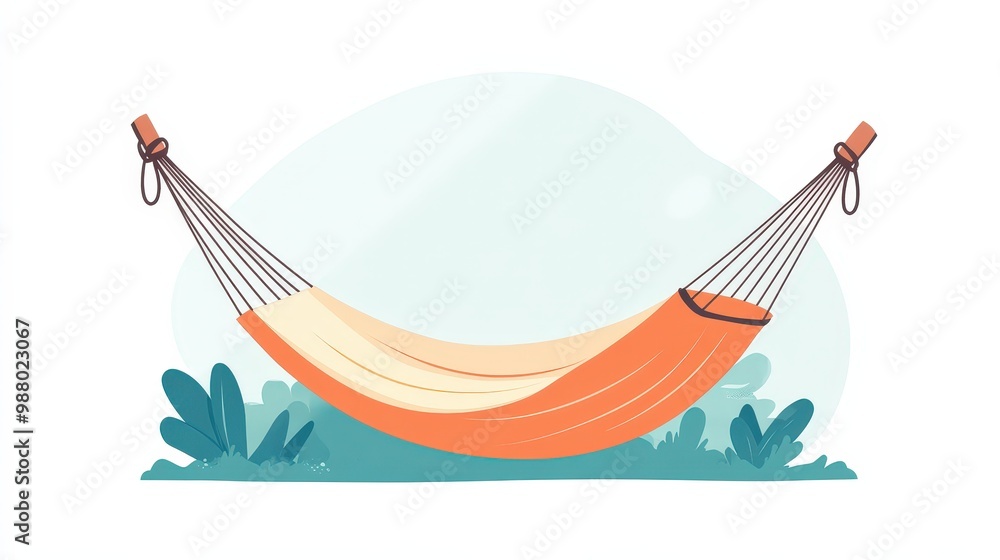 Poster a simple 2d flat vector illustration of a hammock, using basic shapes and minimal detail, placed on 
