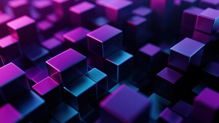 Abstract 3D Cubes with Purple and Blue Neon Lights