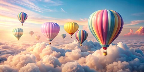 Pastel colored hot air balloons floating above fluffy clouds in the sky